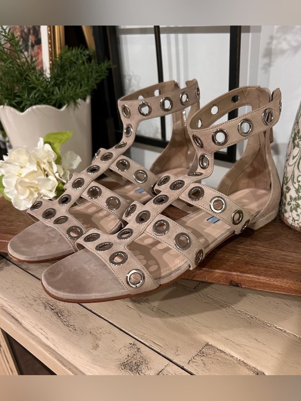 Prada Beige Gladiator Sandals with Silver Eyelets - Picture 7 of 7